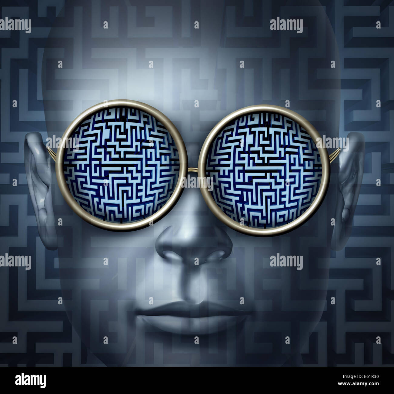 Global solutions business concept as a human head wearing glasses with a maze or labyrinth as a symbol for guidance visionary and strategic direction challenge. Stock Photo