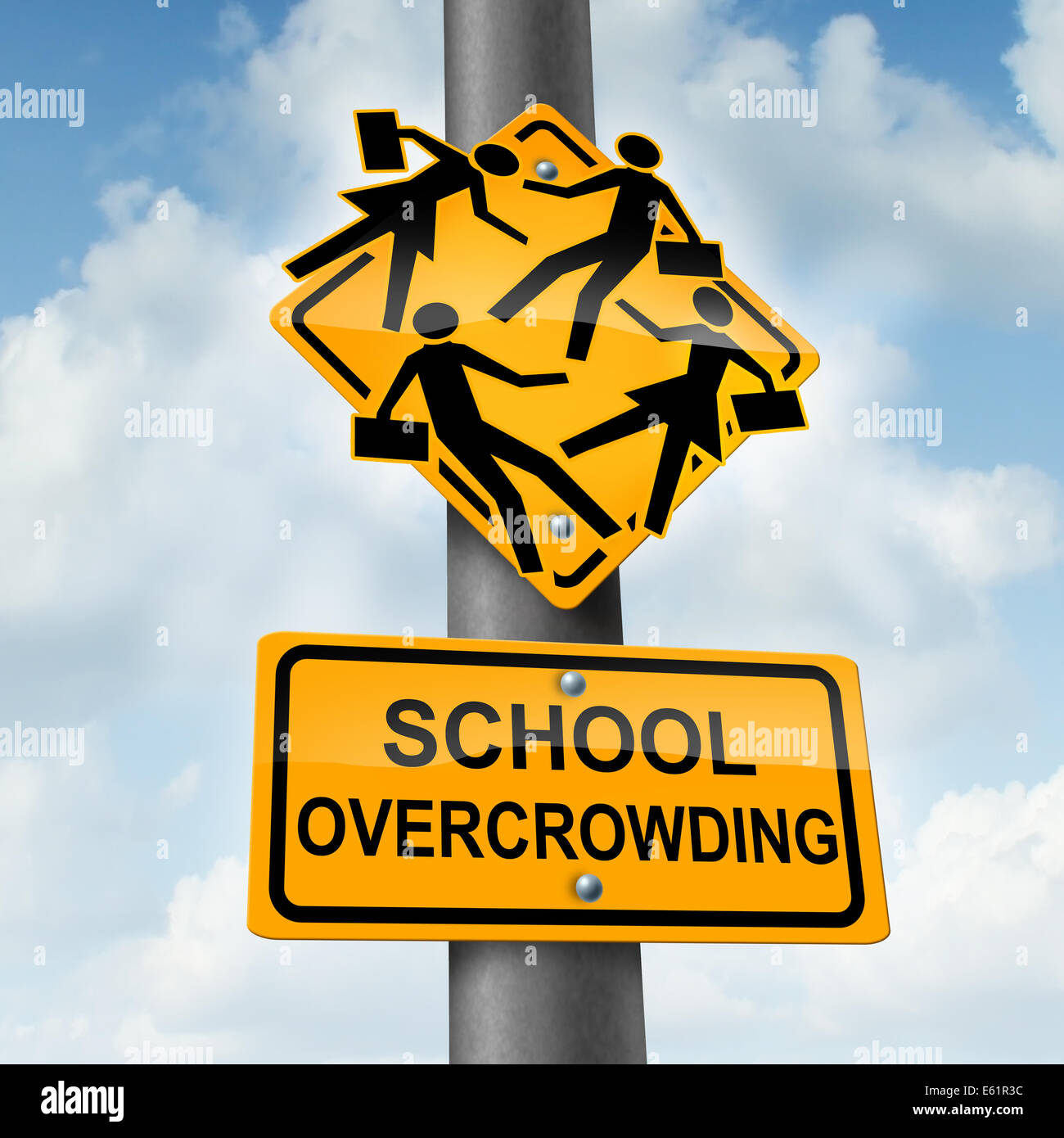 School overcrowding and classroom overcrowding concept as a  crossing traffic sign with overcrowded students bursting out of the seams as a symbol of the problems of public education financing and lack of teachers. Stock Photo