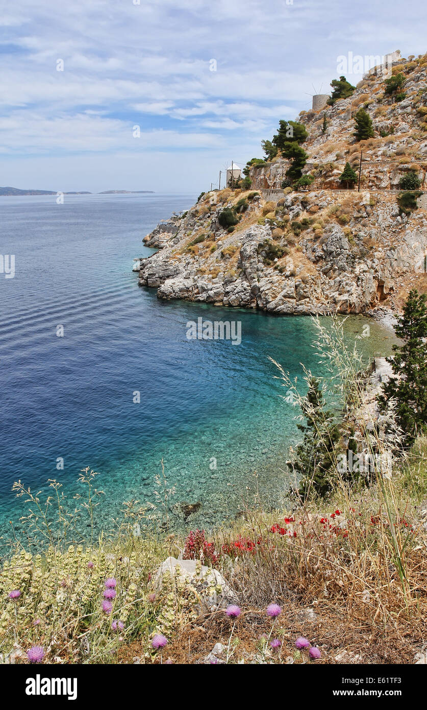 Aegean Sea and Hydra island in Greece. Stock Photo