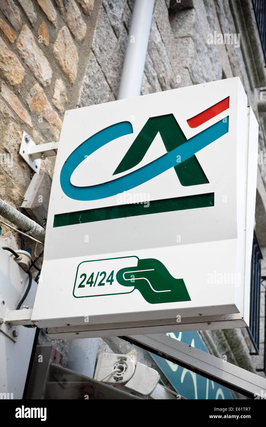 Sign for Crédit Agricole cash machine, a large banking group in France. Stock Photo