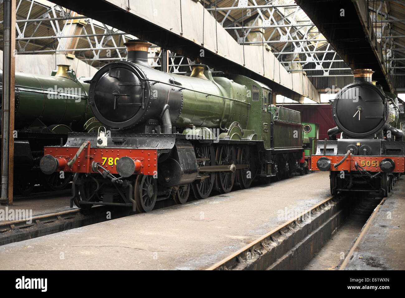 Steam engines in a preserved locomotive maintenance shed at Didcot railway centre Stock Photo