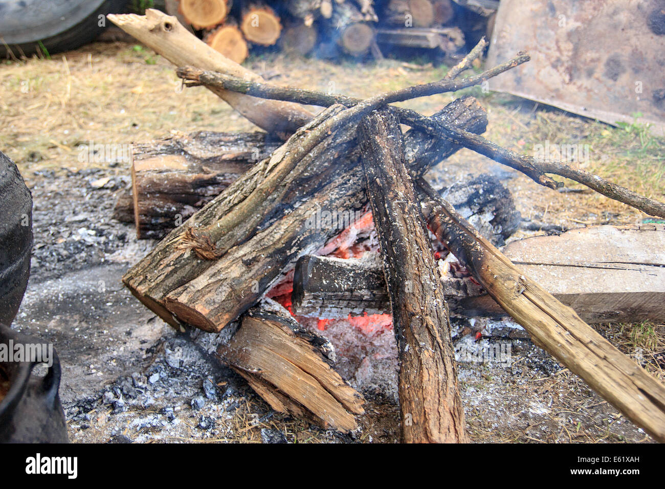 Campfire burning on wood outside in nature with ashes around bonfire