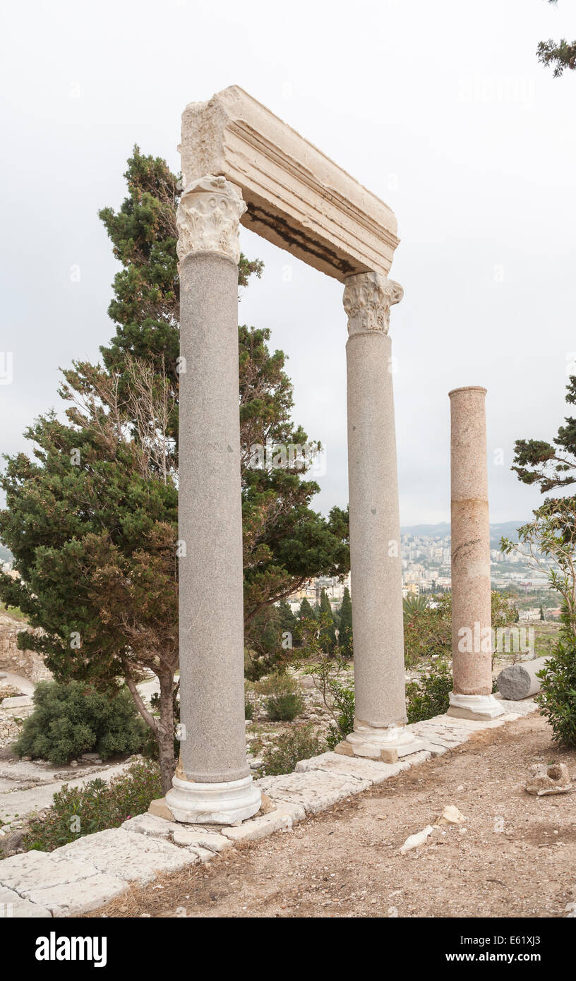 Three stone pillars standing in the antiquities complex, Byblos, Lebanon, the oldest