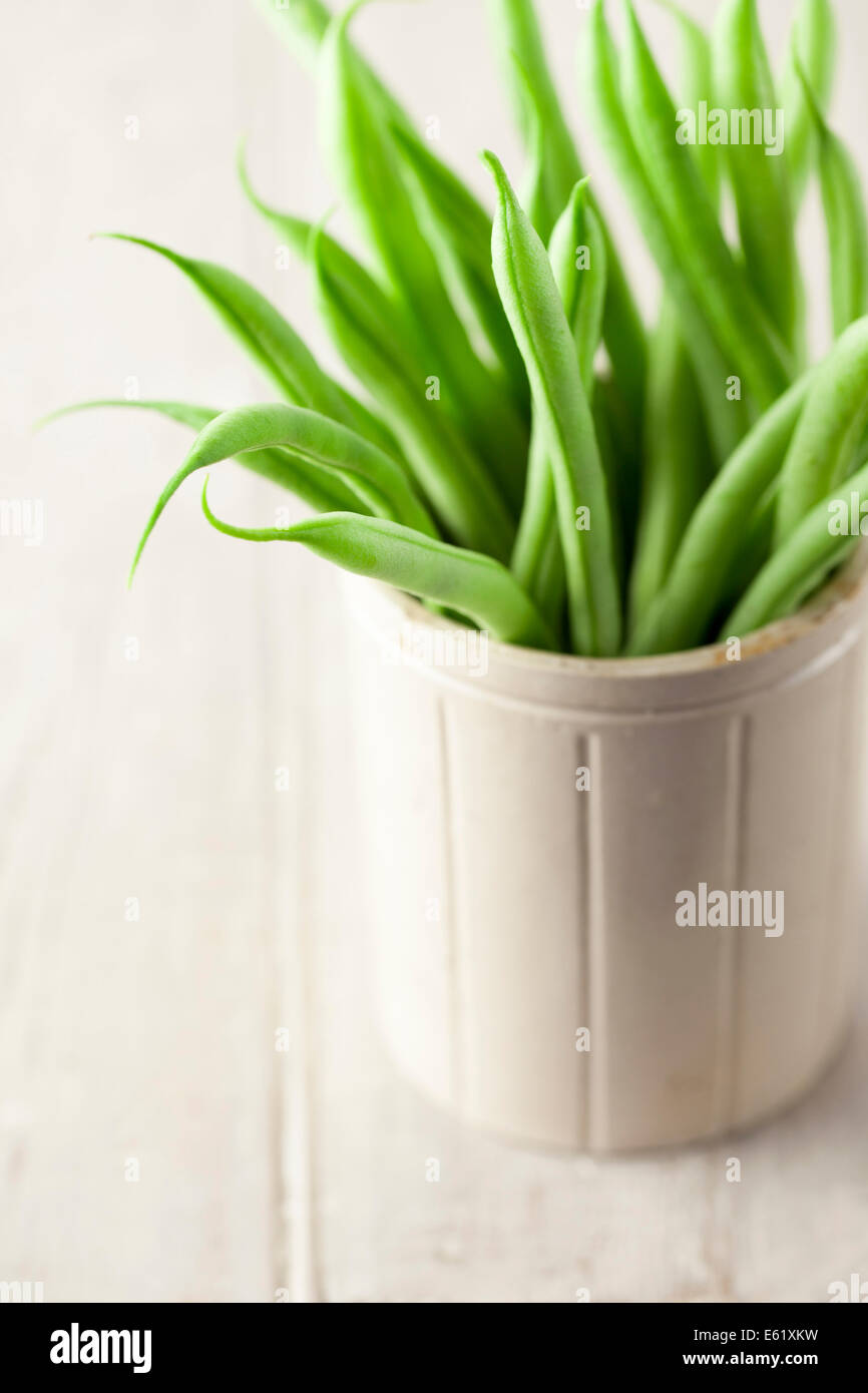 French Beans in Stoneware Pot Stock Photo