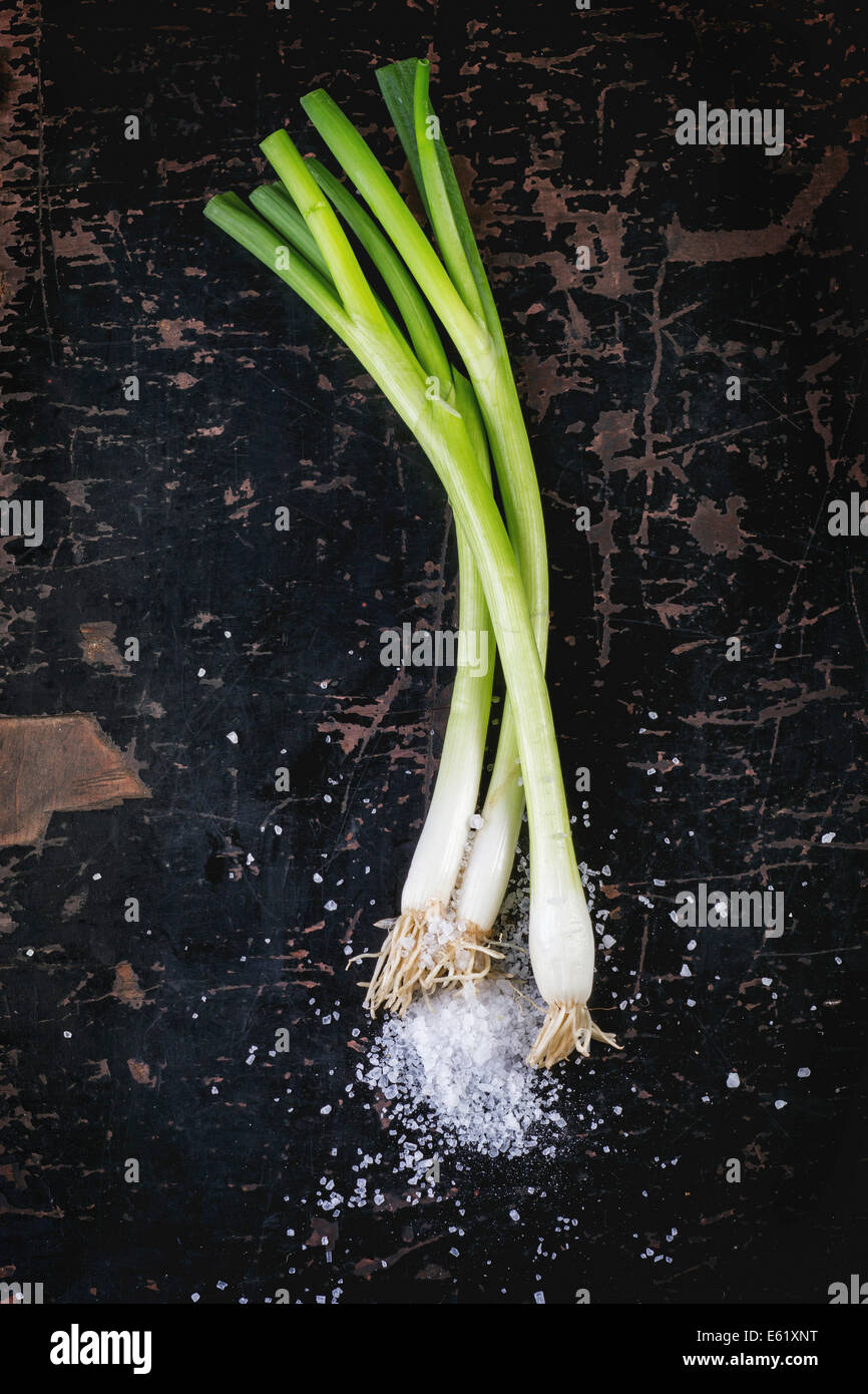 Green onions with sea salt over black wooden table. Top view Stock Photo