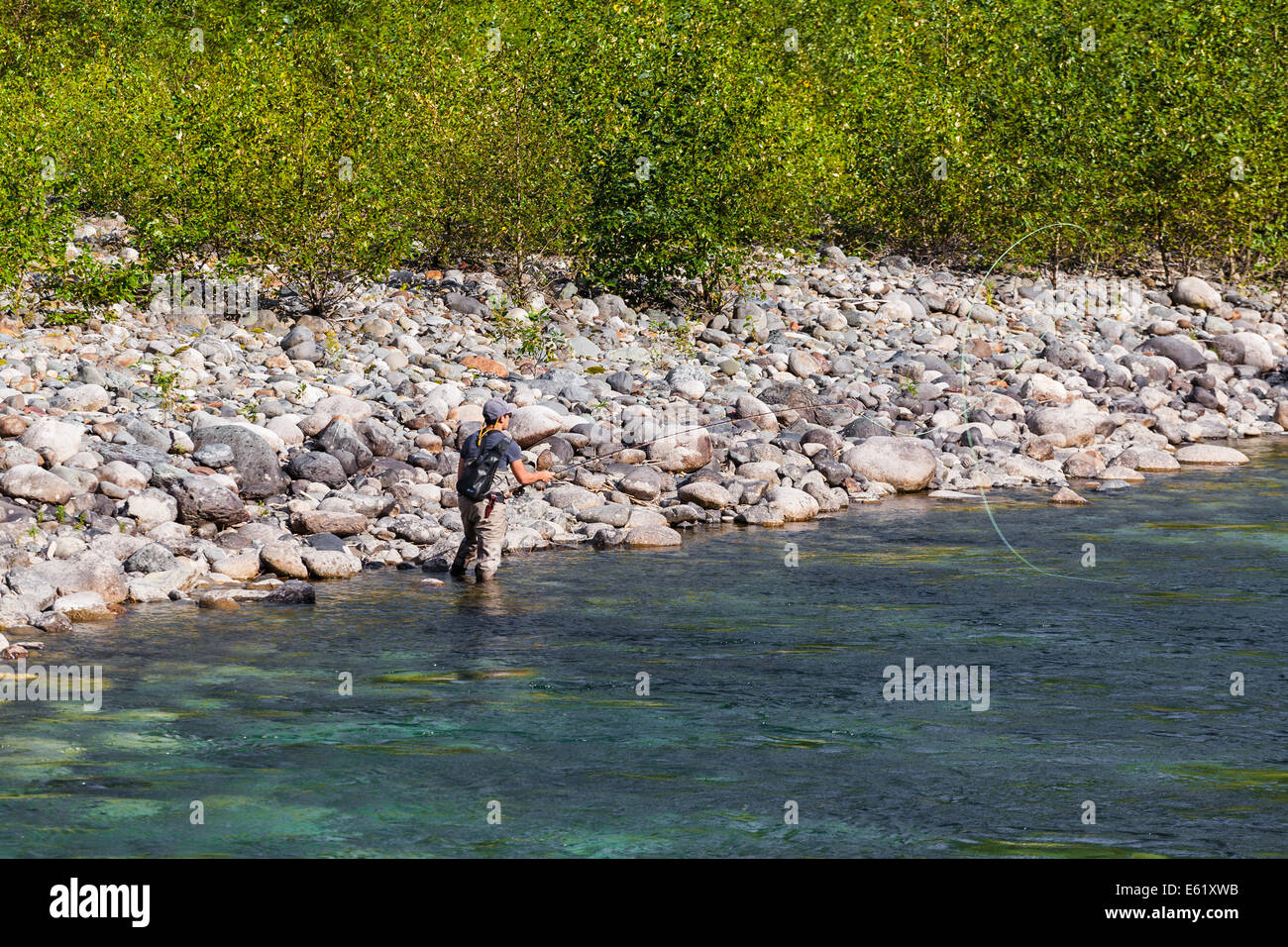 Young man fly fishing on the Coquihalla River, near Hope ...
