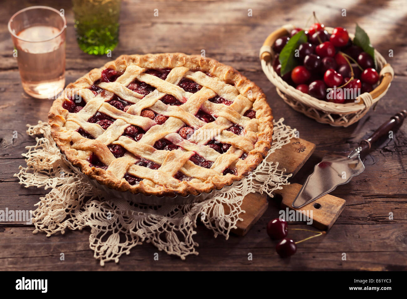 Cherry pie with lattice crust. Stock Photo
