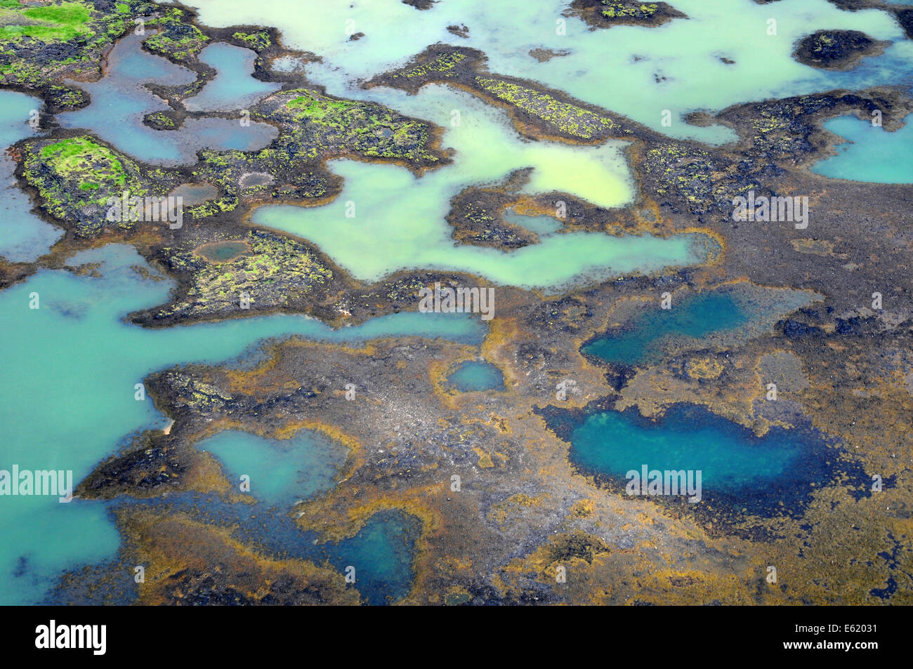 Aerial photo of delta patterns from melting glacier at the mouth of Olfusa River in Southwest Iceland Stock Photo