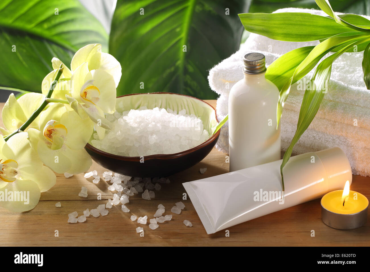 Spa still life with perfume bottles and salt Stock Photo
