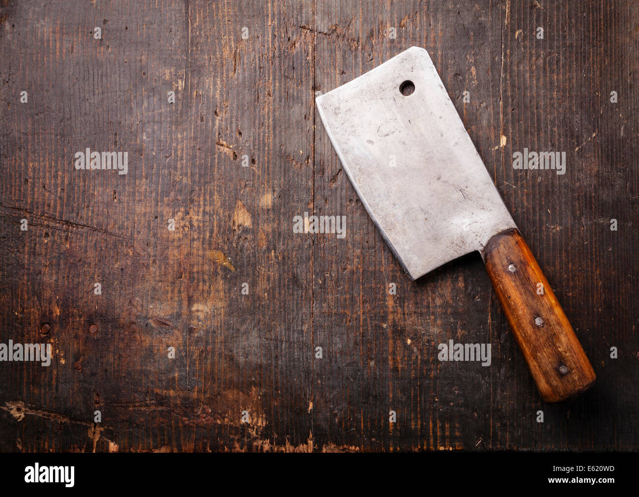 Vintage Meat cleaver on dark wooden background Stock Photo Alamy
