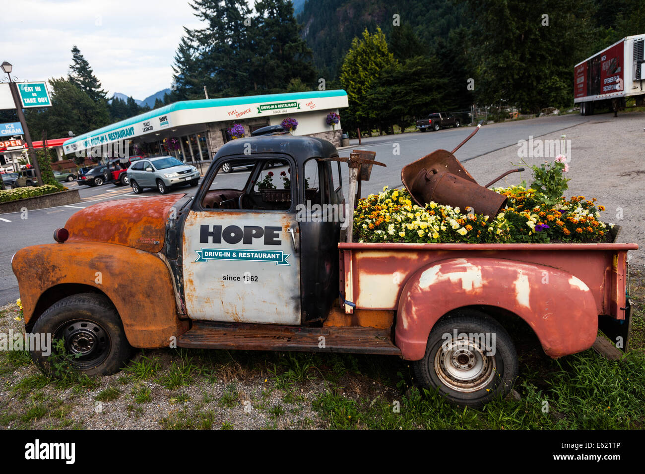 An old pick-up truck used to advertize a drive-in restaurant in Hope, British Columbia, Canada Stock Photo