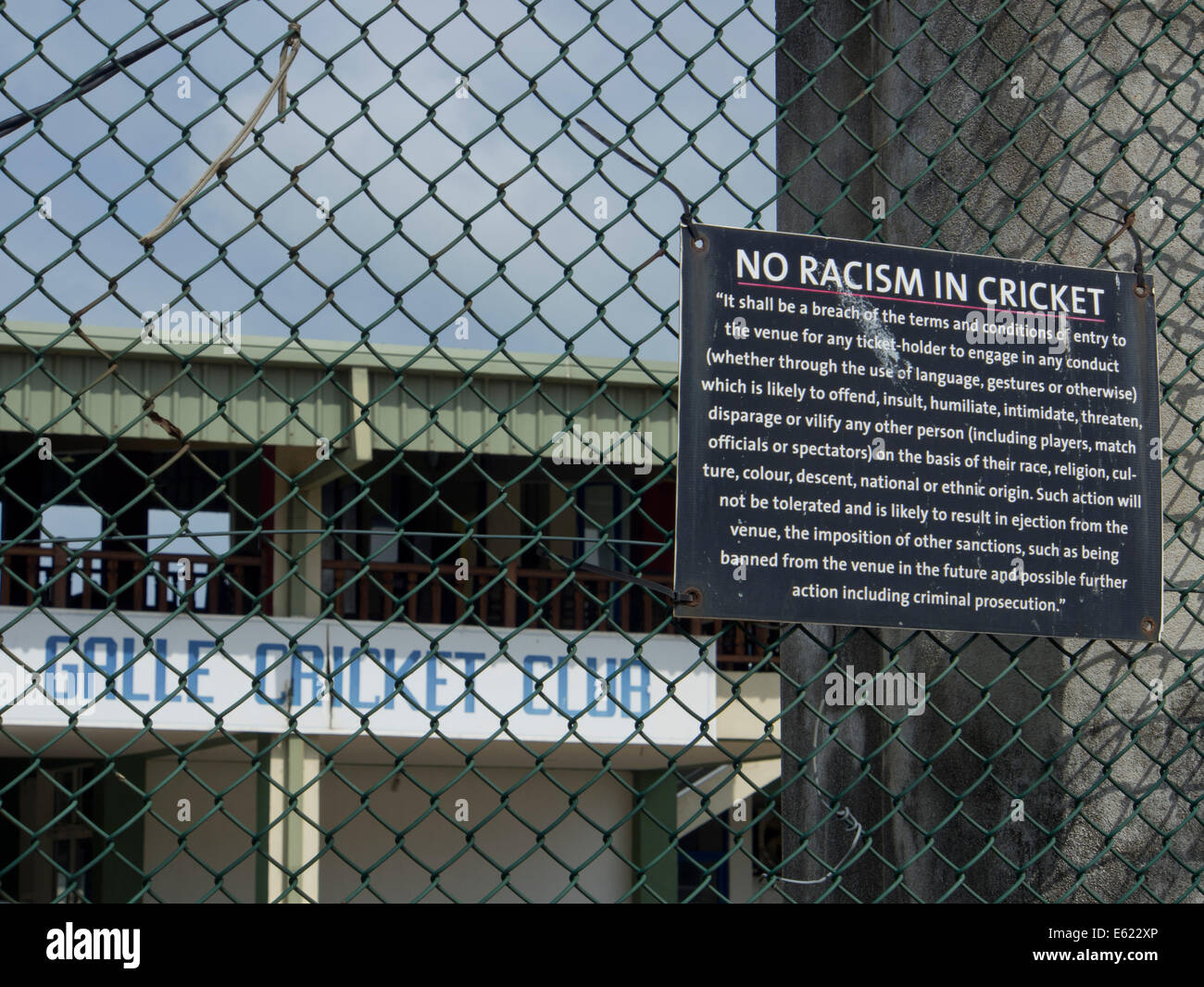 Galle cricket club with 'no racism' sign in the historical city of Galle, in Sri Lanka Stock Photo