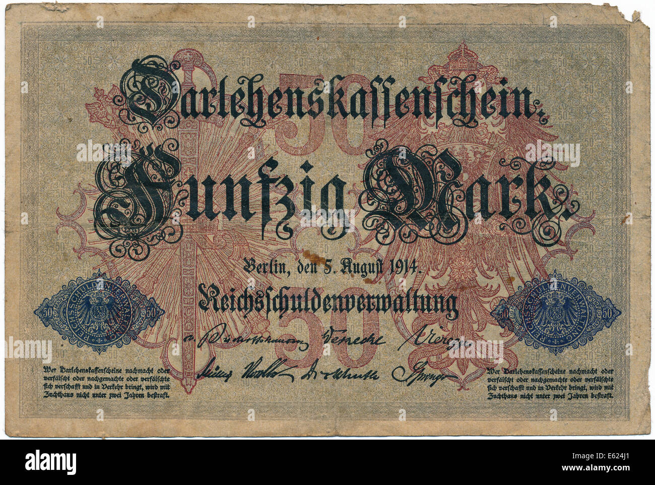 Old banknote, loan cash certificate, 50 marks, front, Reichsschuldenverwaltung, German Reich debt administration, 1914 Stock Photo