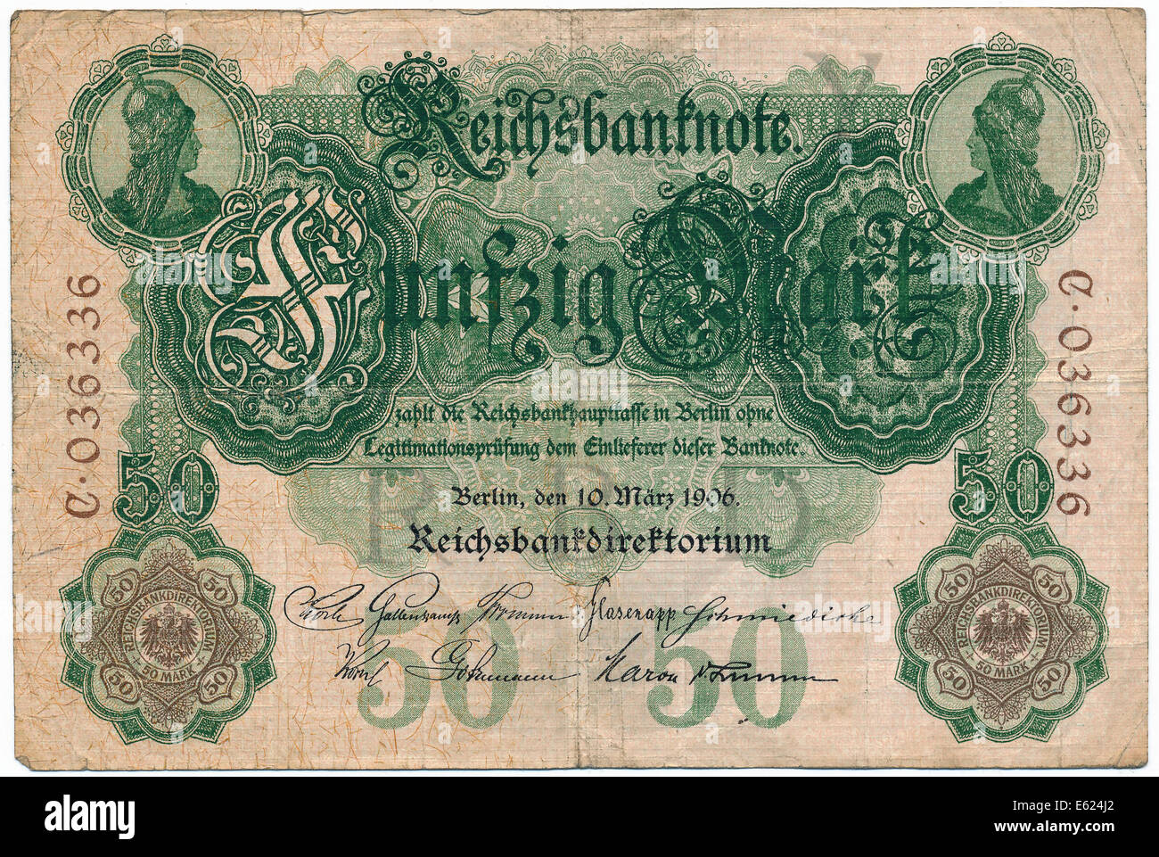 Old banknote, 50 marks, front, German Reichsbanknote, 1906 Stock Photo