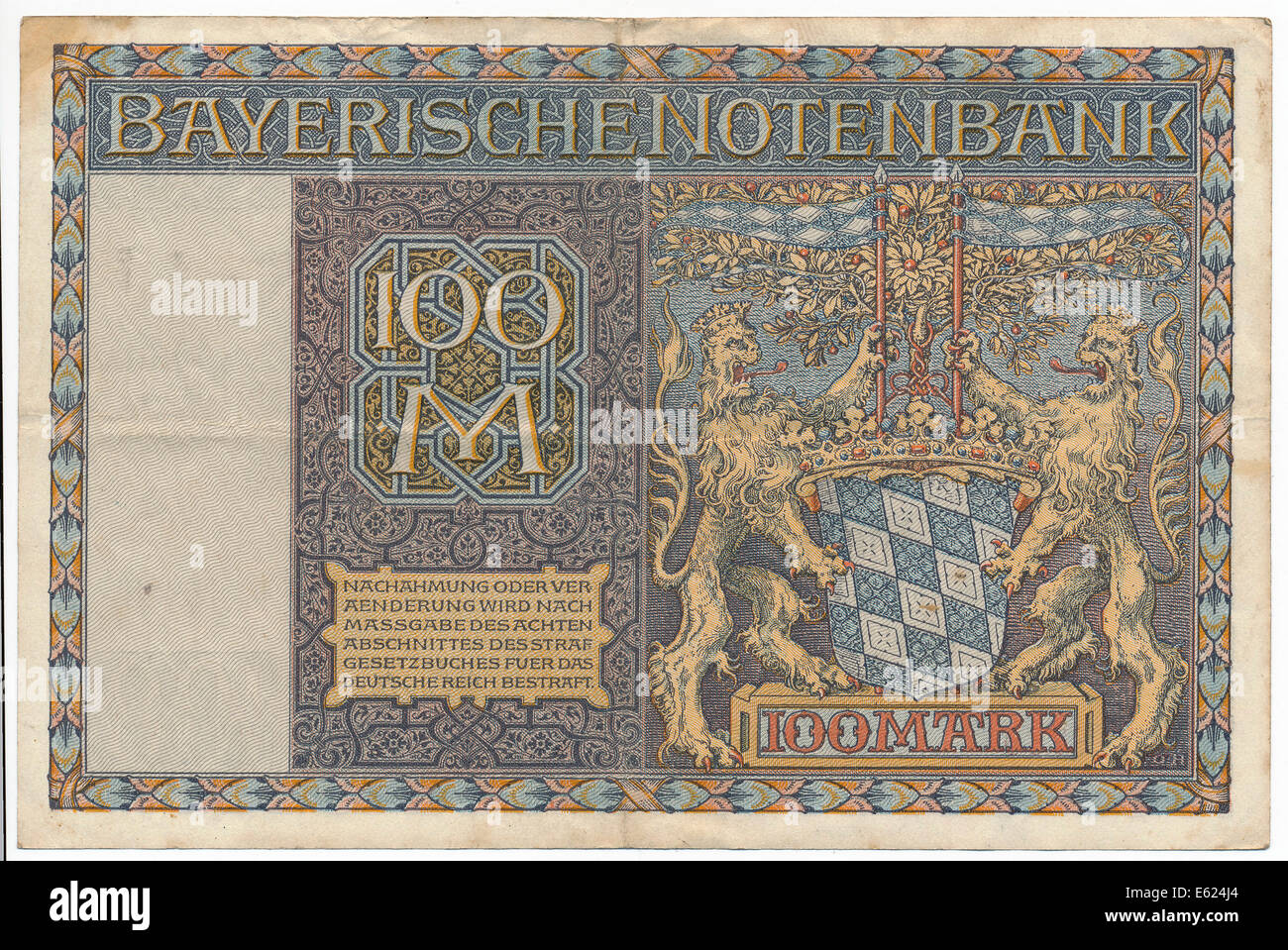 Old banknote, 100 marks, back, Bayerische Notenbank, Bavarian Central Bank, 1922 Stock Photo