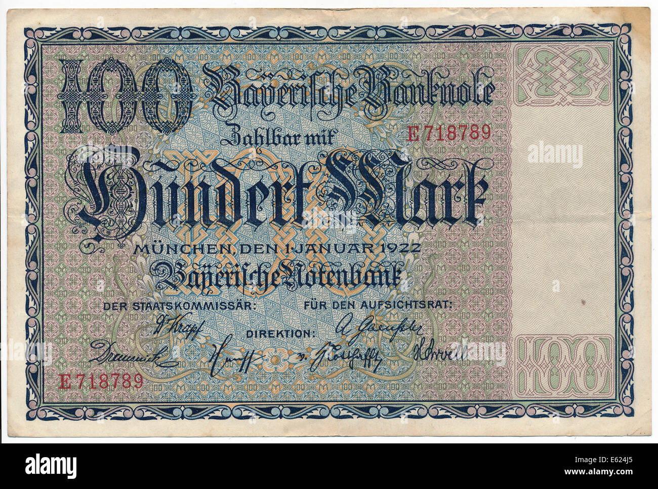 Old banknote, 100 marks, front, Bayerische Notenbank, Bavarian Central Bank, 1922 Stock Photo