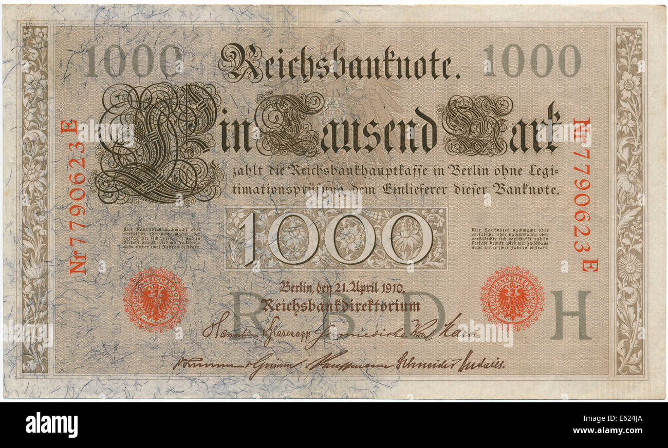 Old banknote, 1000 marks, front, German Reichsbanknote, 1910 Stock Photo