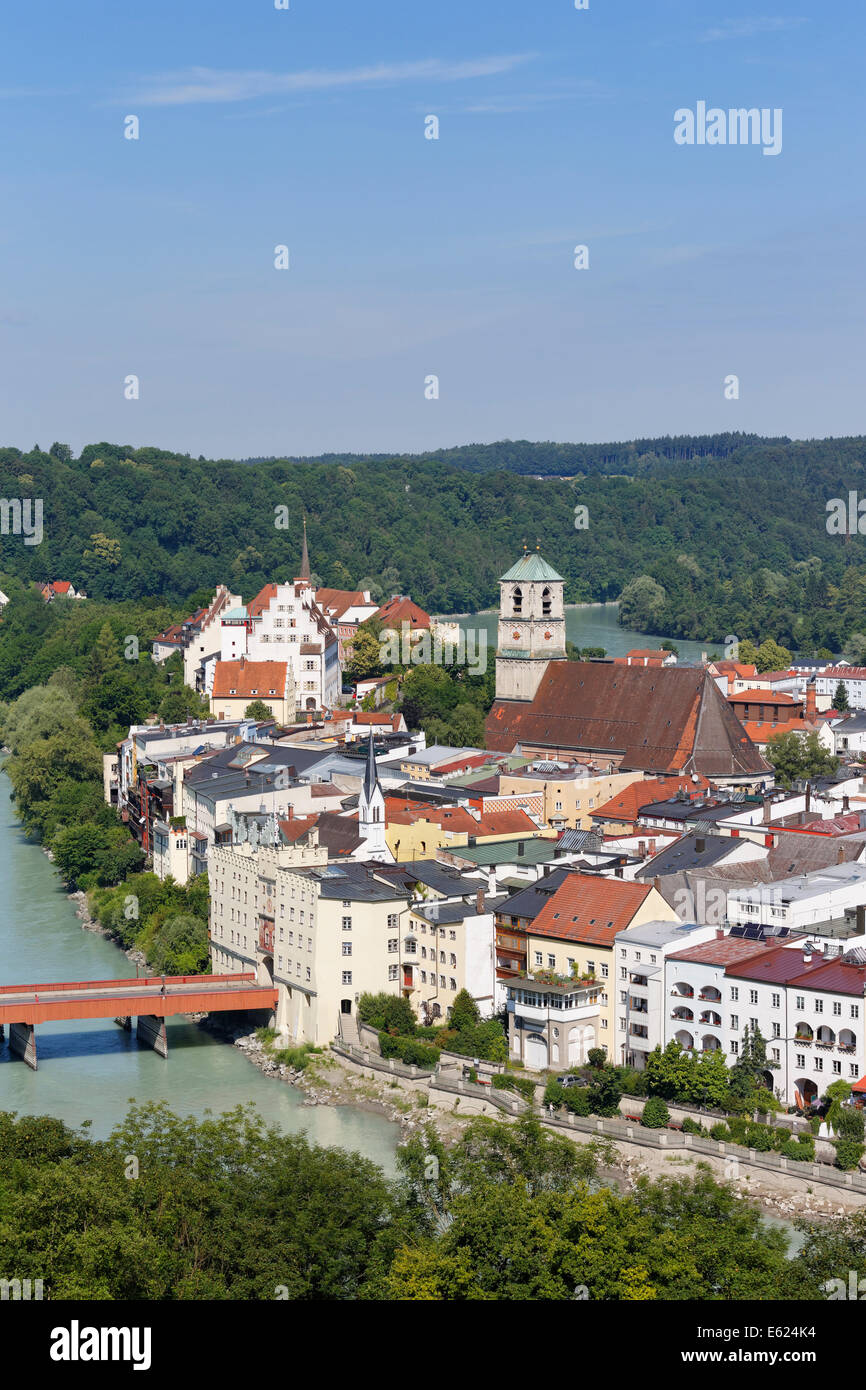 Townscape, loop of the Inn river, Wasserburg am Inn, Upper Bavaria, Bavaria, Germany Stock Photo