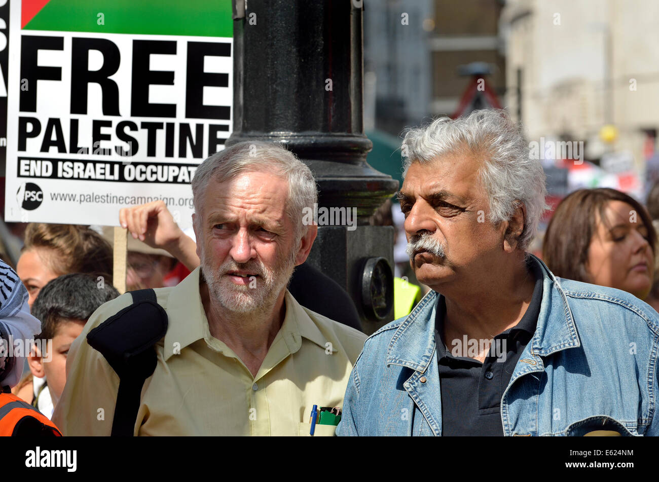 Jeremy Corbyn MP and Tariq Ali (writer and broadcaster) outside BBC Broadcasting House at the National Demonstration for Gaza or Stock Photo