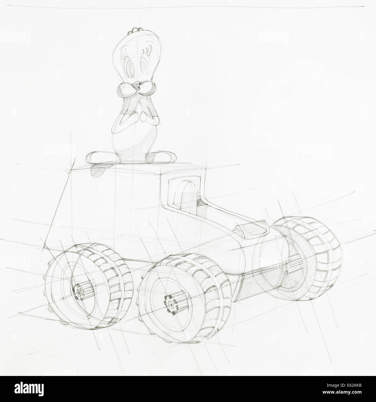 hand drawn sketch of toy car with big wheels and funny looking bird character on top of it Stock Photo