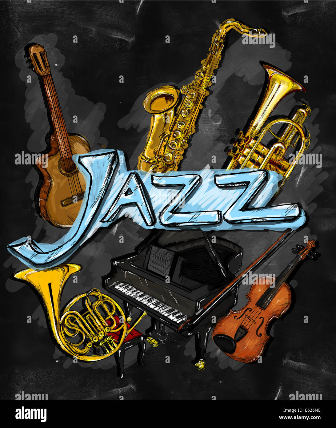 Jazz Painting Instrument Musical Background On Blackboard Stock Photo