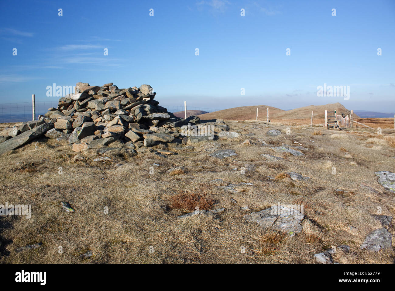The summit cairn on Moel Sych, a mountain in the Berwyn hills of North Wales. Stock Photo