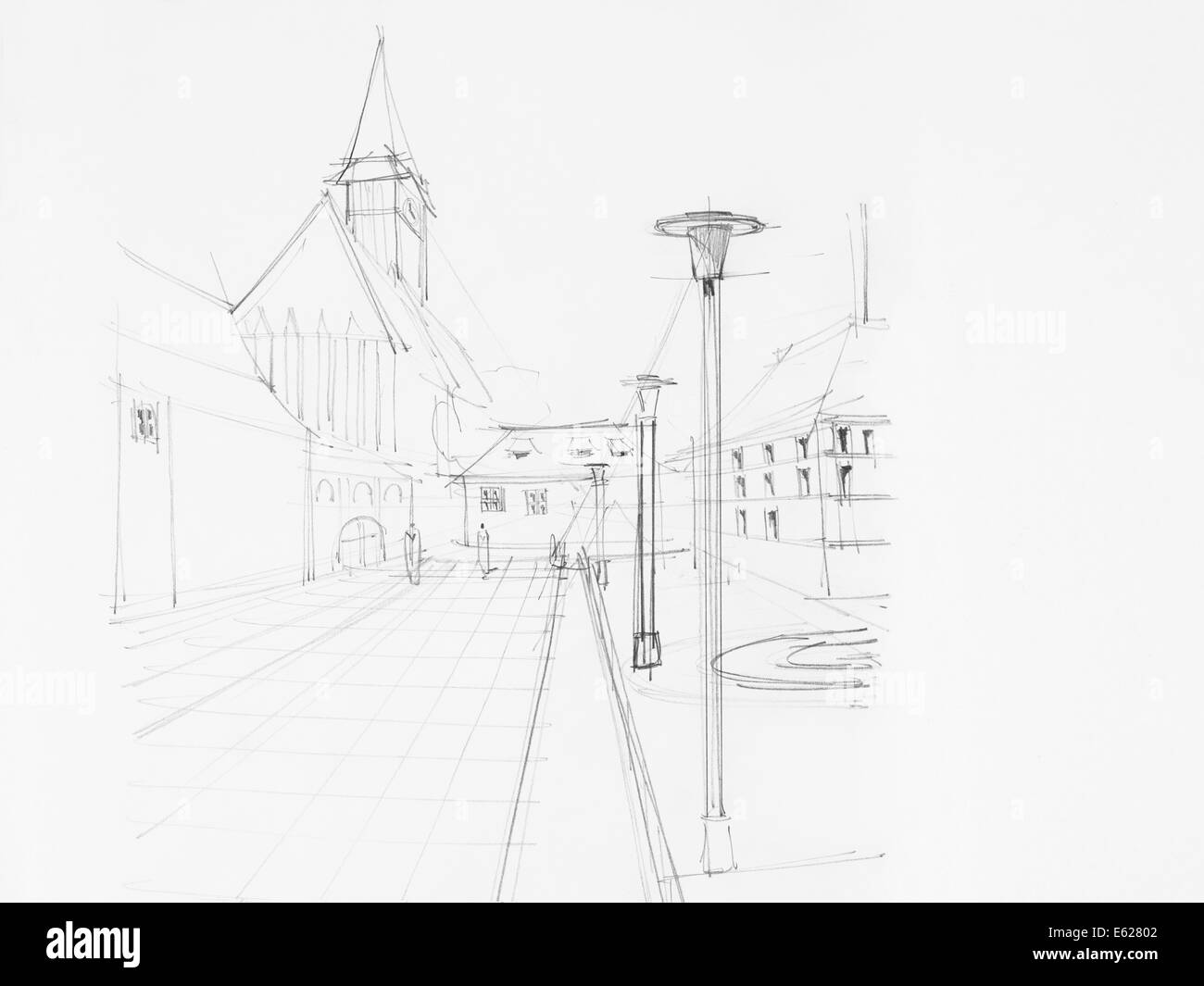 graphic sketch of Brasov Council Suare and Black Church, Romania, drawn by hand Stock Photo