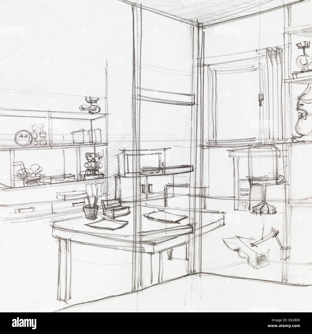 graphic sketch of apartment living room, hand drawn Stock Photo