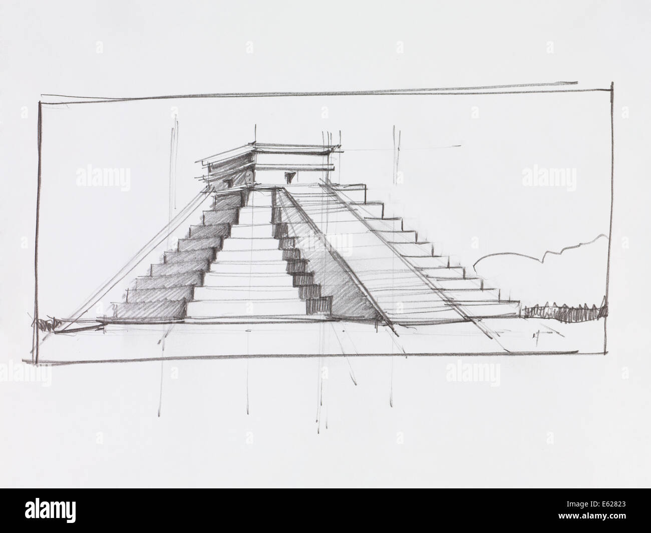 architectural perspective of Mayan pyramid of Kukulcan El Castillo in Chichen Itza, Mexico, drawn by hand Stock Photo