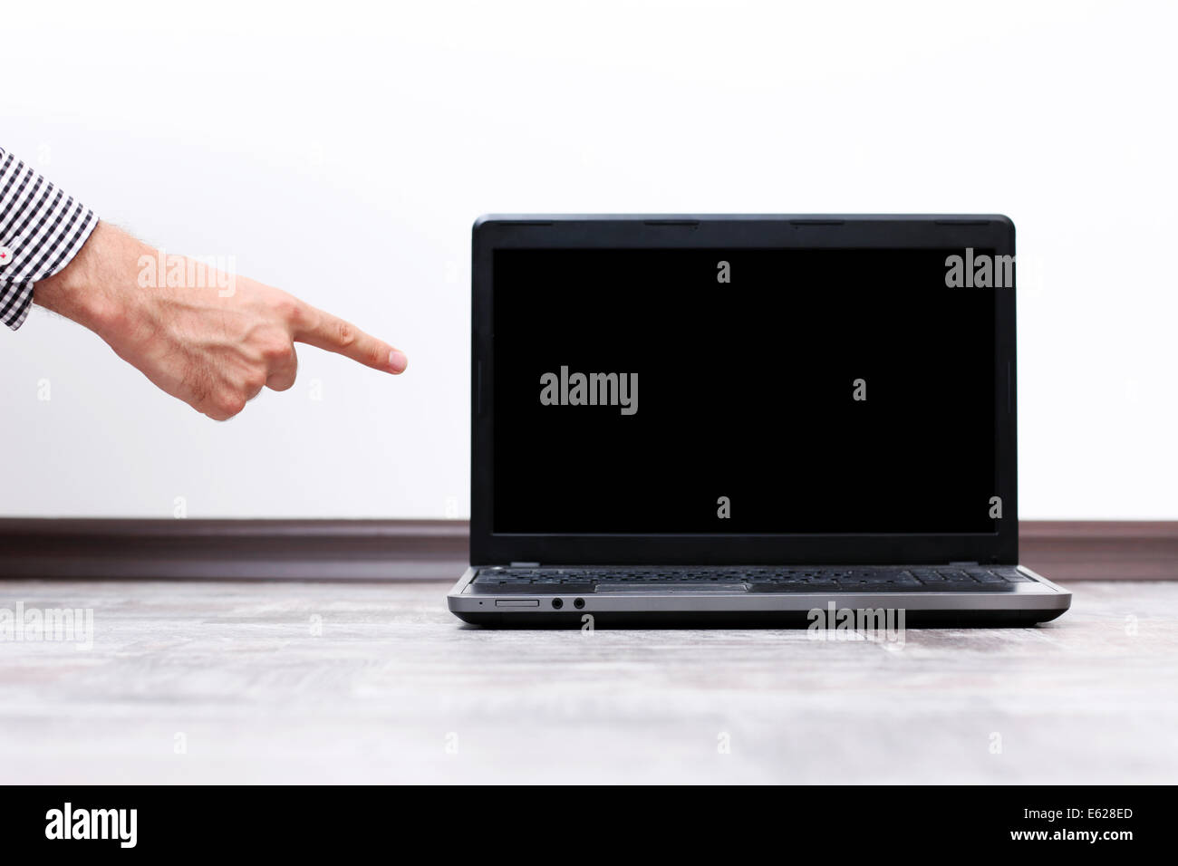 Closeup portrait of a male hand pointing on the laptop screen Stock ...