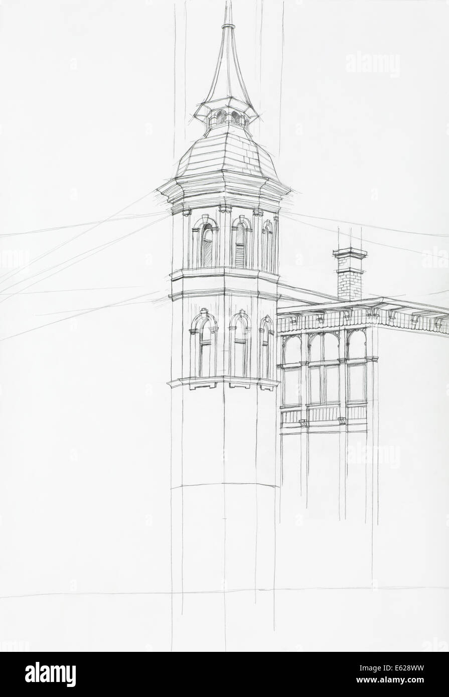 hand drawn architectural sketch of building detail and tower, perspective construction Stock Photo