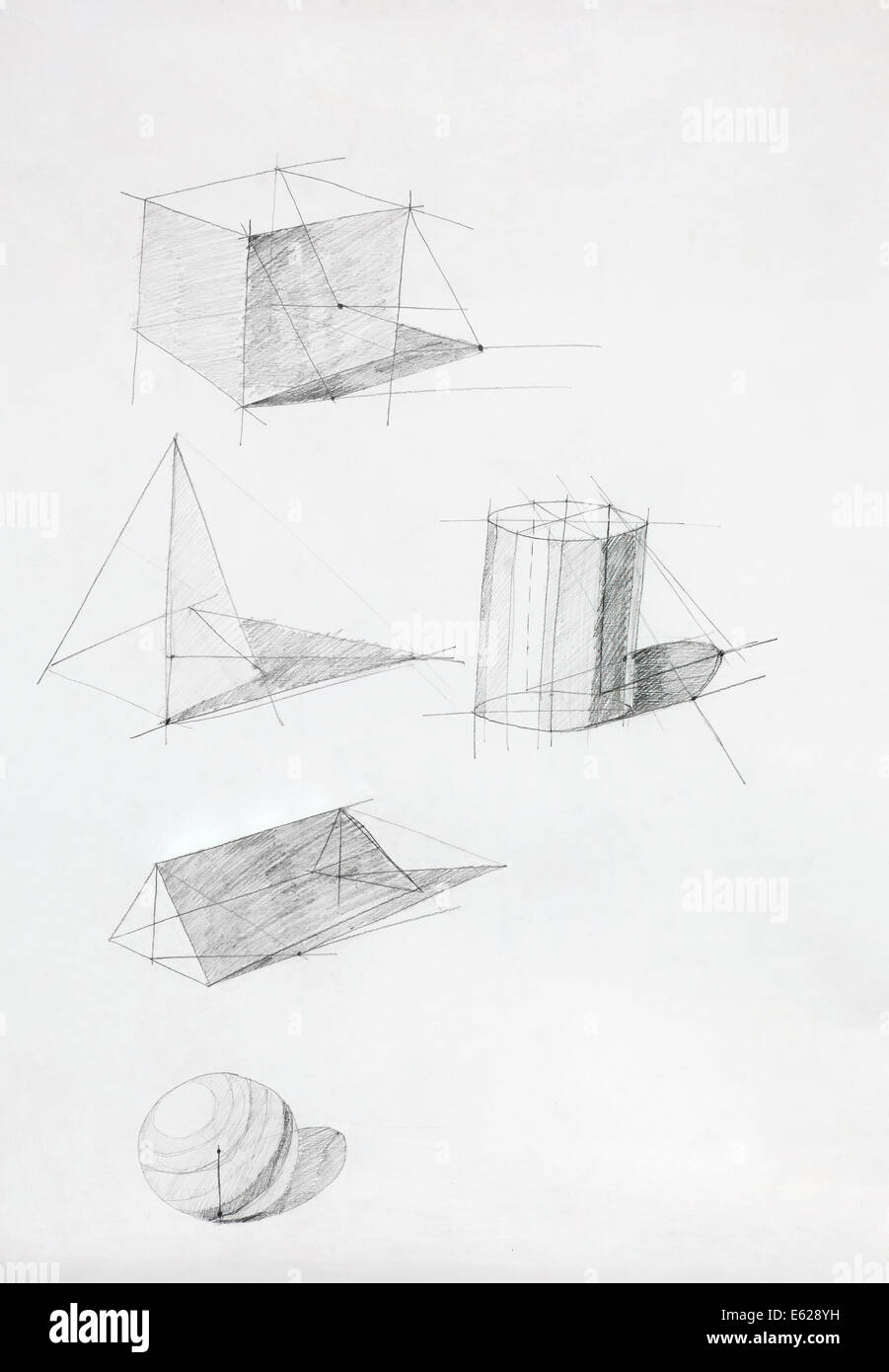 different geometric shapes with shadows, drawn by hand Stock Photo