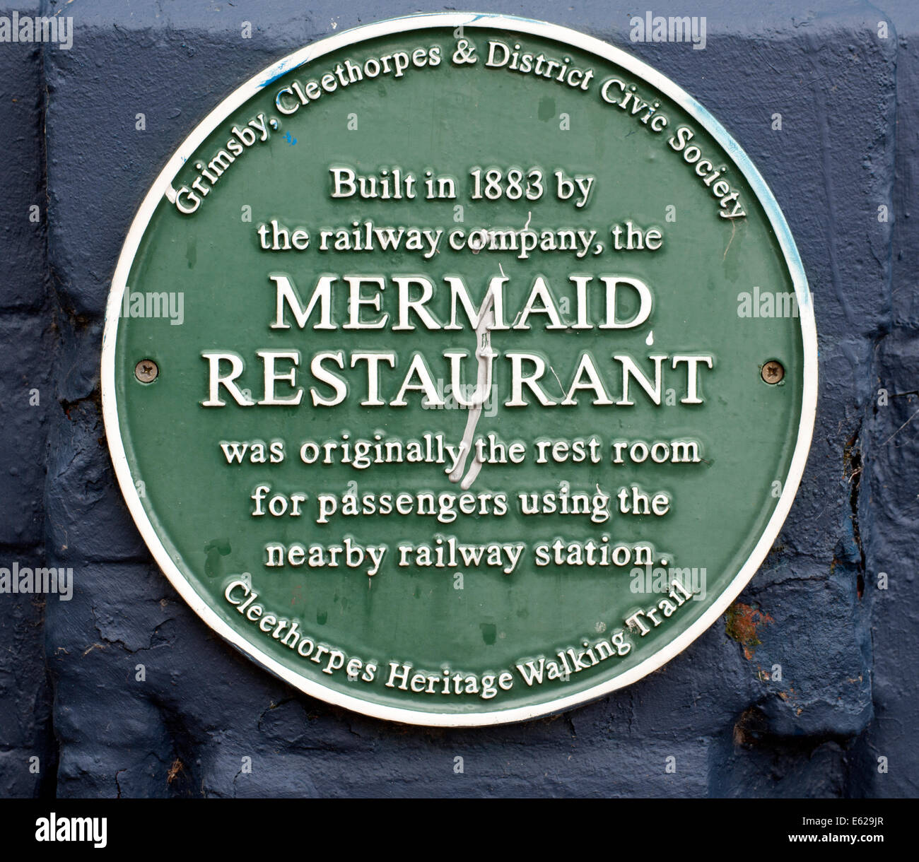 Commemorative plaque at Mermaid Restaurant, Cleethorpes, Lincolnshire, England, UK. Stock Photo
