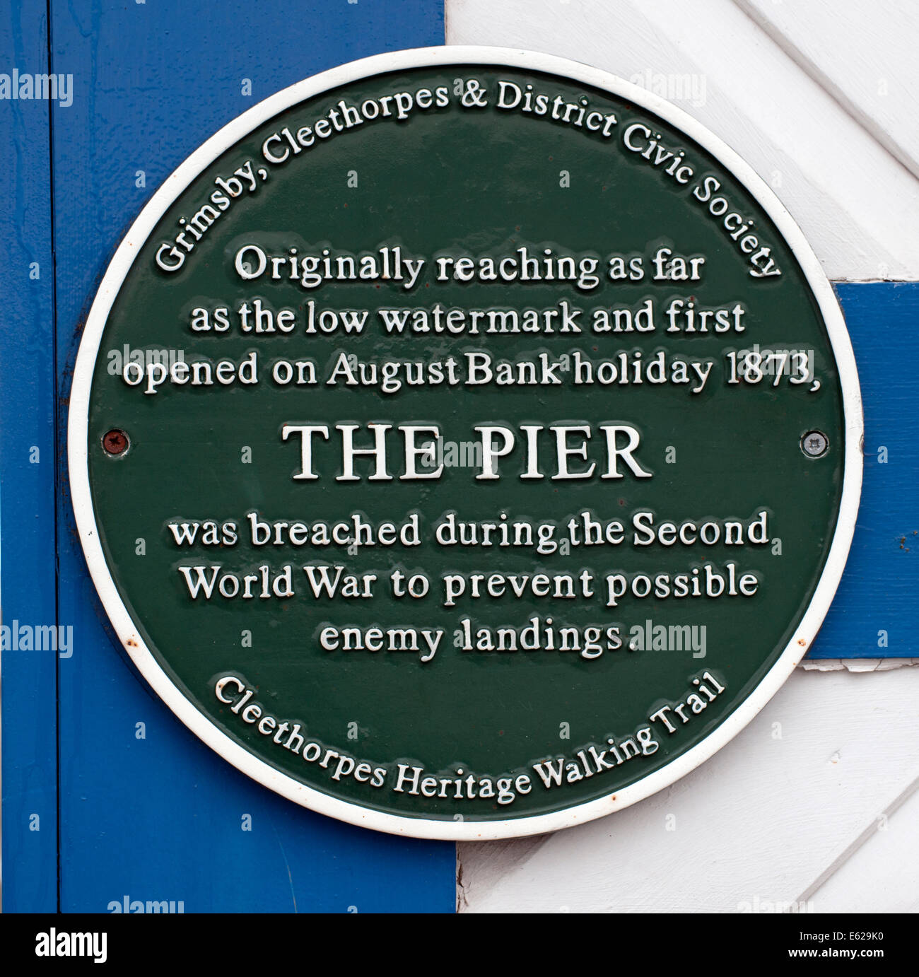 Green plaque at Cleethorpes Pier, Cleethorpes, North East Linolnshire. Stock Photo
