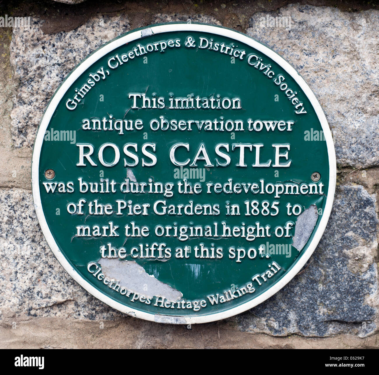 Plaque at Ross Castle, Pier Gardens, Cleethorpes, Lincolnshire, England, UK. Stock Photo