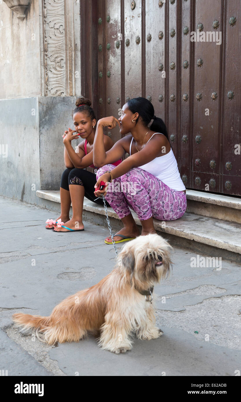 two teenage girls on sill with dog, Havana, Cuba Stock Photo