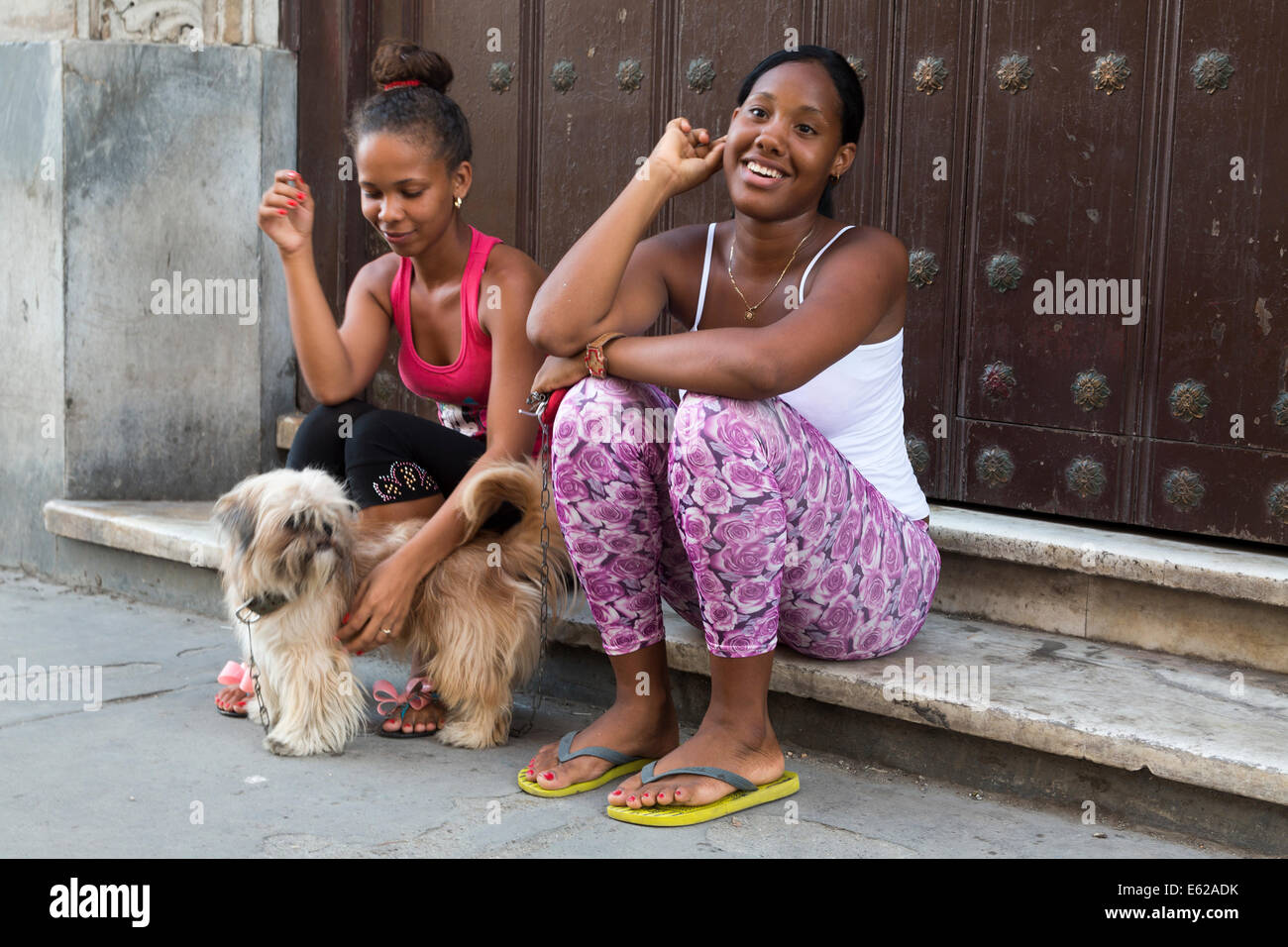 two teenage girls on sill with dog, Havana, Cuba Stock Photo