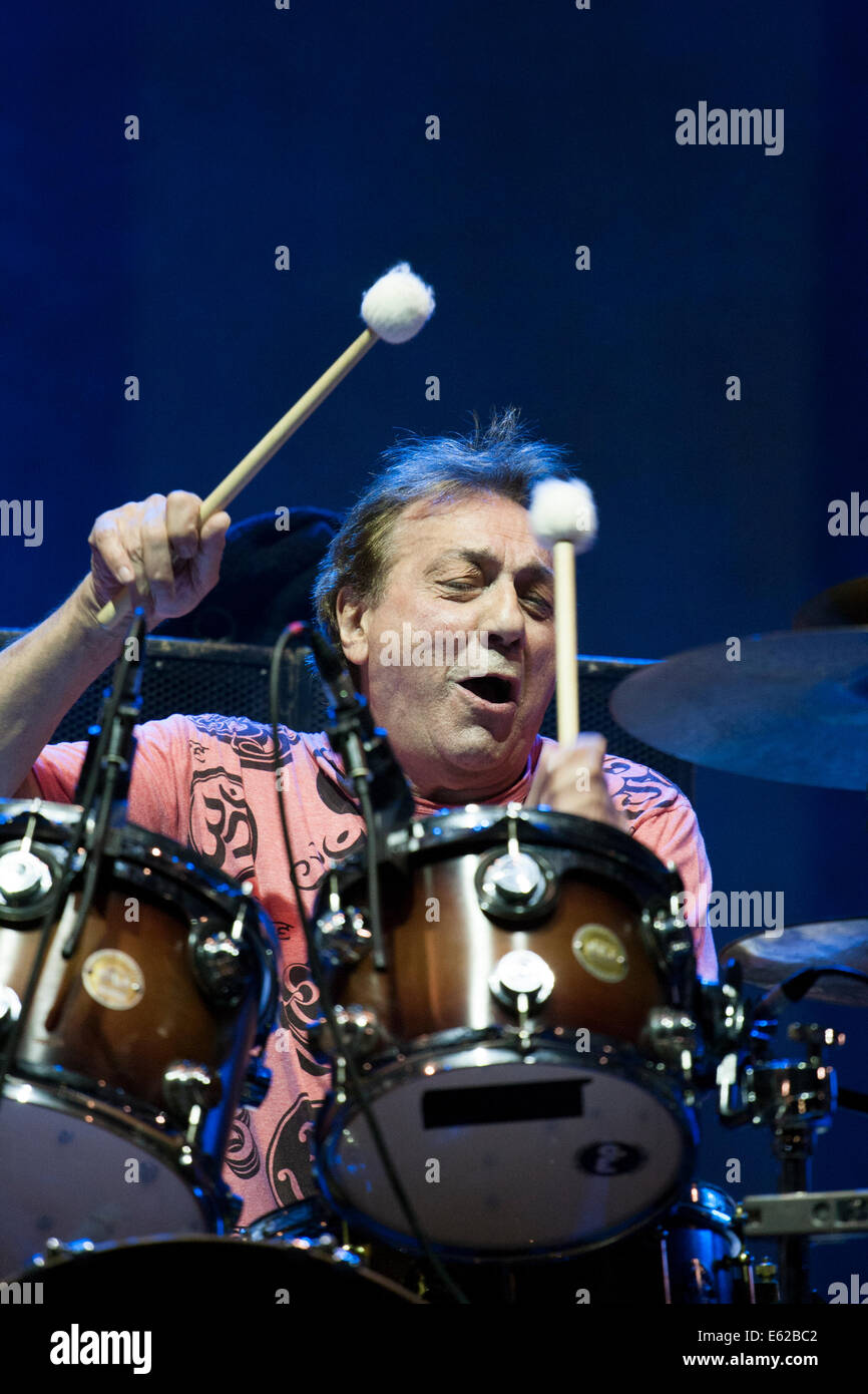 Italy. 11th Aug, 2014. Tullio De Piscopo, Italian Drummer, plays Drum with his 'Naples Jazz Project' in Rotonda Diaz, during Dock Of Sound. Credit:  Emanuele Sessa/Pacific Press/Alamy Live News Stock Photo