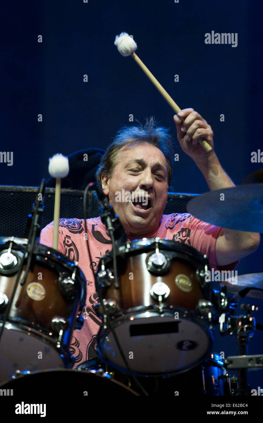Italy. 11th Aug, 2014. Tullio De Piscopo, Italian Drummer, plays Drum with his 'Naples Jazz Project' in Rotonda Diaz, during Dock Of Sound. Credit:  Emanuele Sessa/Pacific Press/Alamy Live News Stock Photo