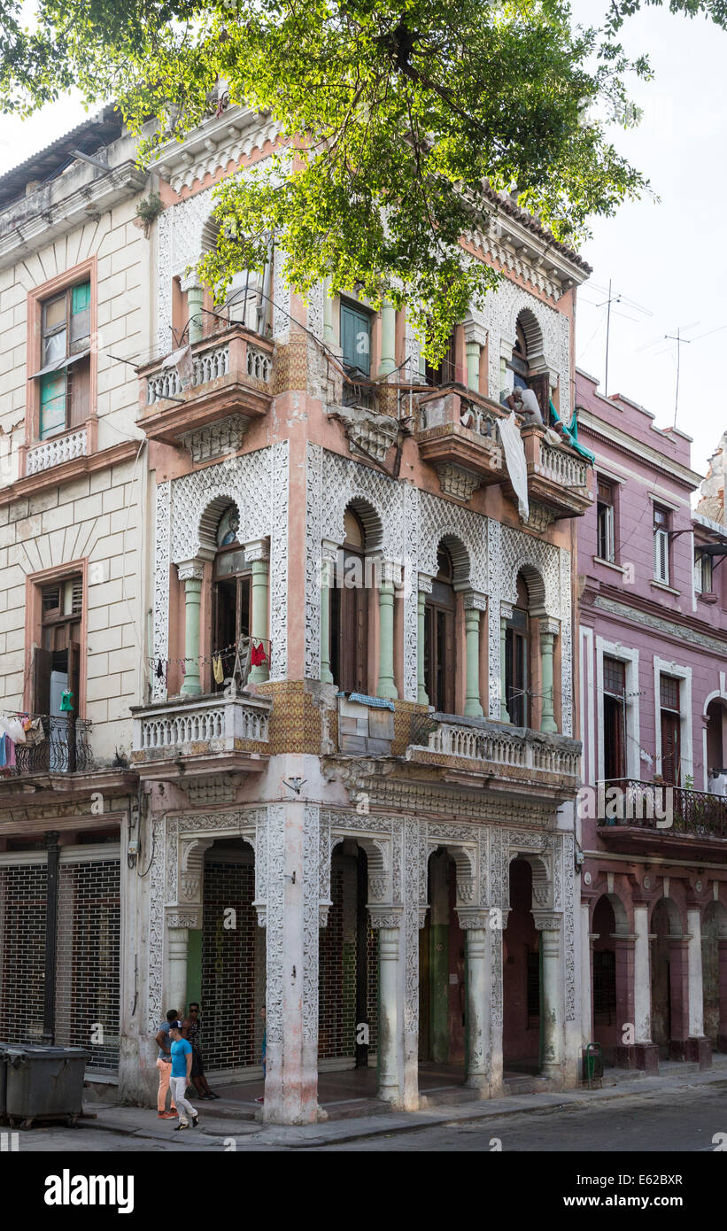 neo-Islamic Moorish style apartment building, Paseo del Prado, old Havana, Cuba Stock Photo