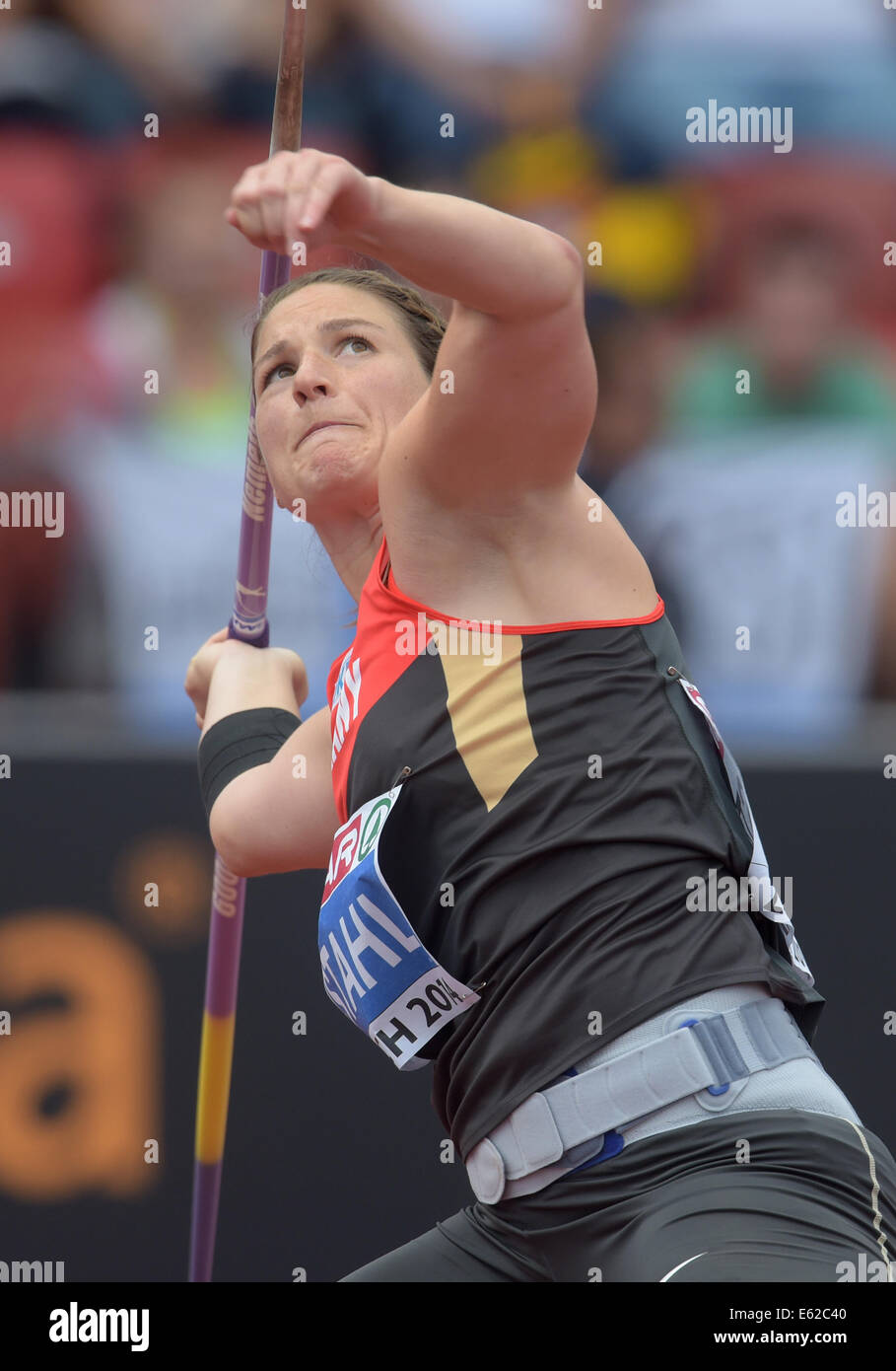 Zurich, Switzerland. 12th Aug, 2014. Linda Stahl of Germany competes in the women's Javelin qualification at the European Athletics Championships 2014 at the Letzigrund stadium in Zurich, Switzerland, 12 August 2014. Photo: Bernd Thissen/dpa/Alamy Live News Stock Photo
