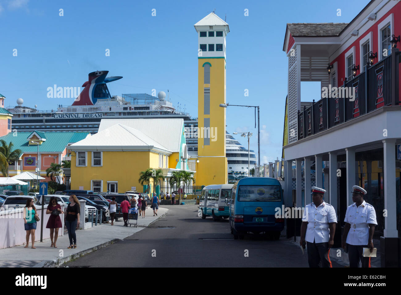 View down East Street and Bay Street, Nassau, Bahamas, showing dock for
