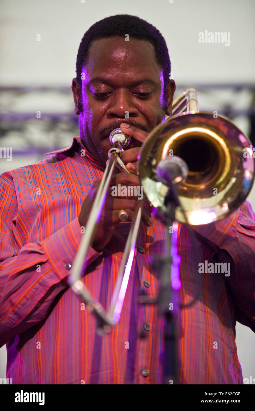 Trombone player with Township Comets jazz band from South Africa ...