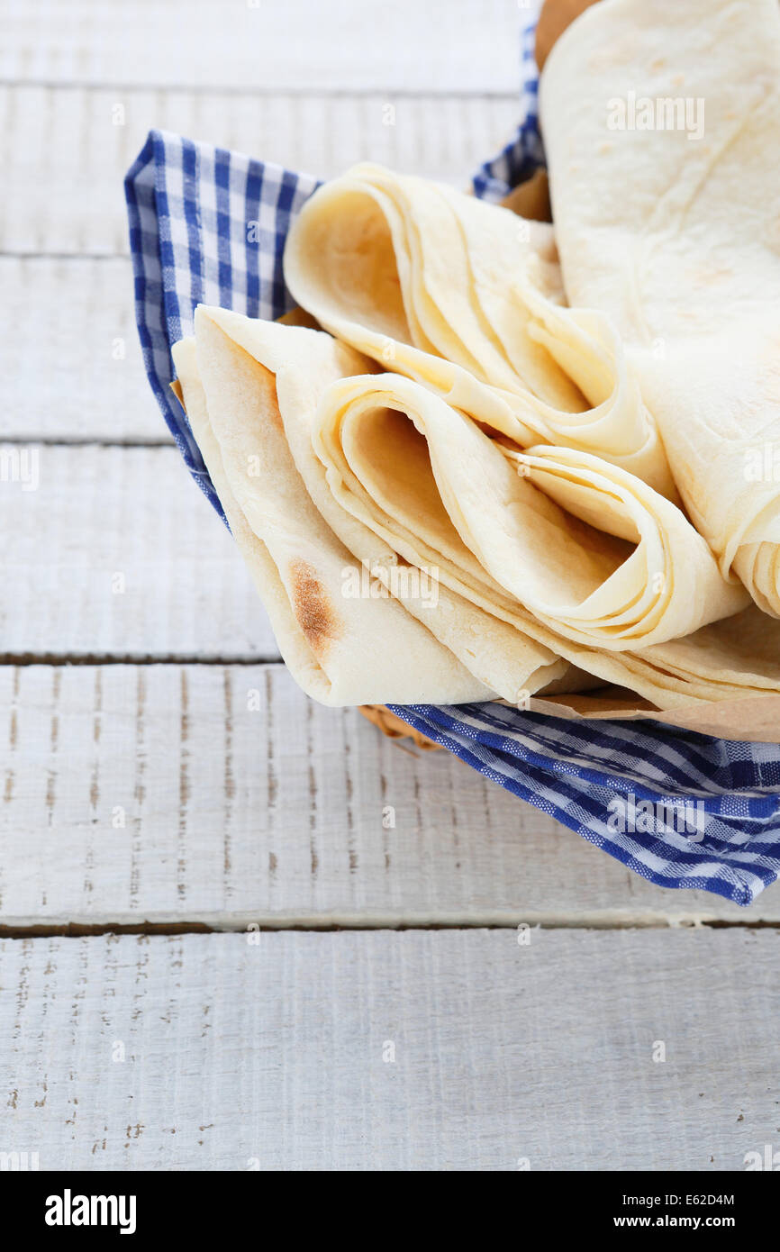 thin pita in the bread basket, food closeup Stock Photo Alamy