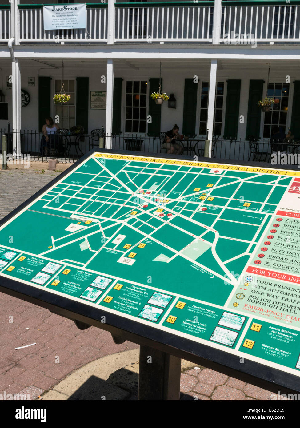 Information Map, and Fountain House, Historic Downtown Doylestown, Pennsylvania, USA Stock Photo