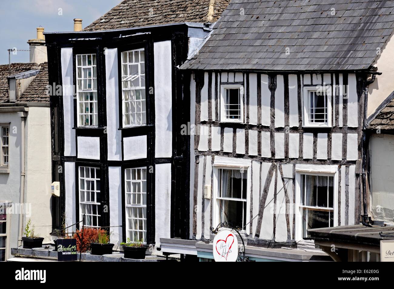 Black and white timbered buildings along the High Street, Burford, Oxfordshire, England, UK, Western Europe. Stock Photo