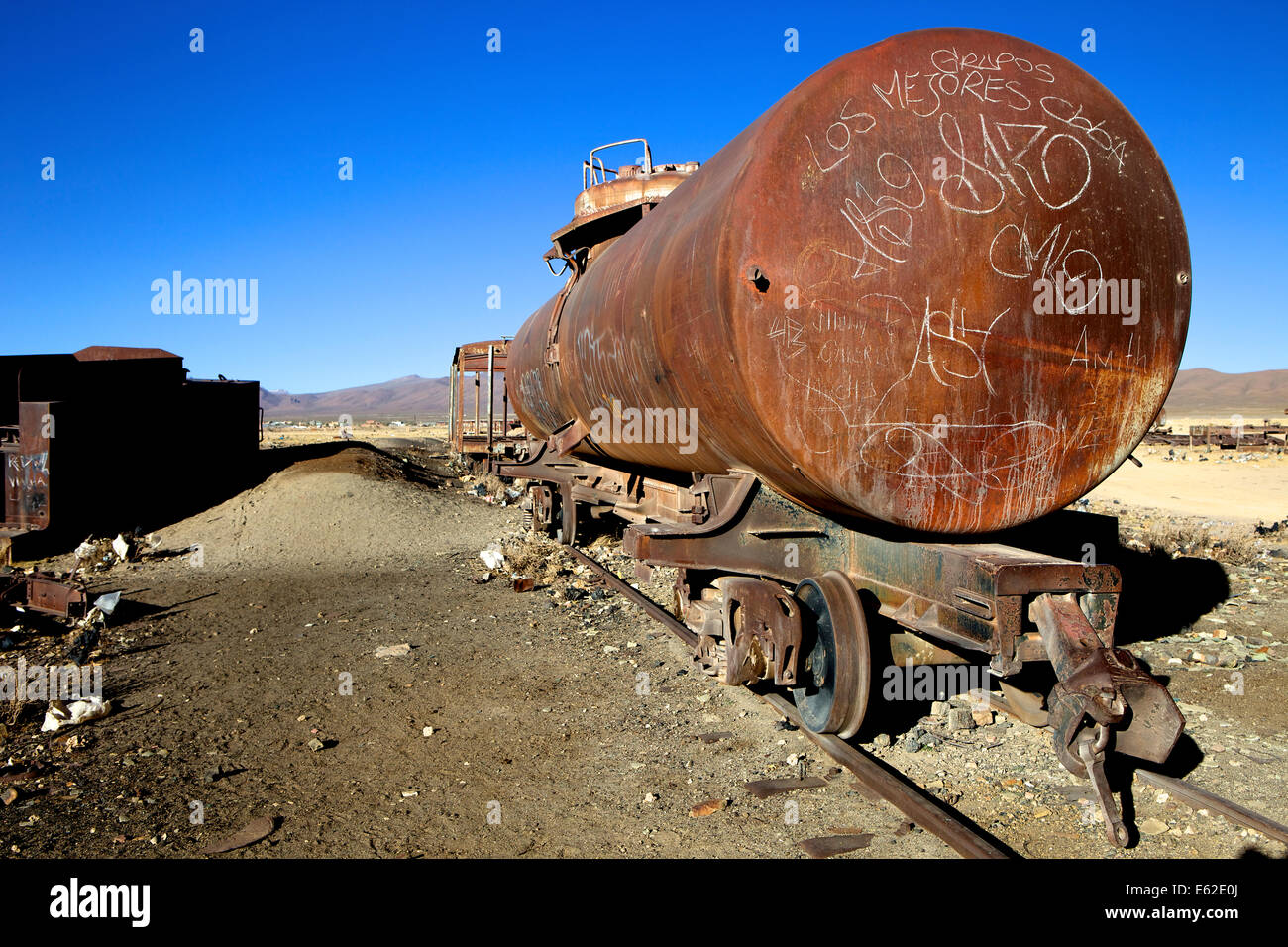 Rusting old railway tanker at the Train cemetery (train graveyard