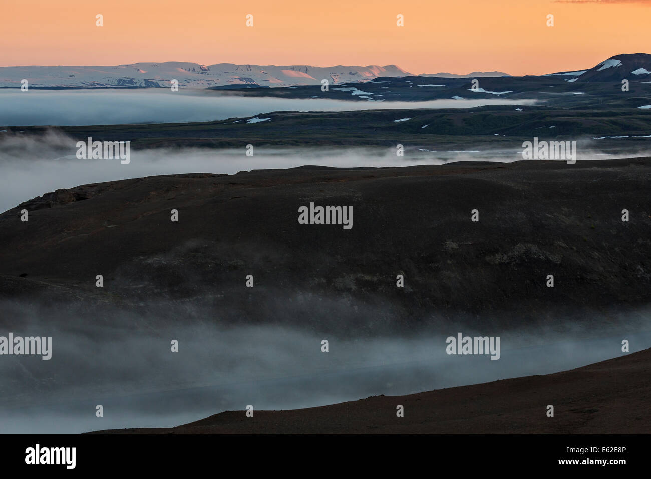 Steam and foggy landscape by The Bjarnarflag Geothermal Power Plant, Lake Myvatn area, Northern Iceland Stock Photo