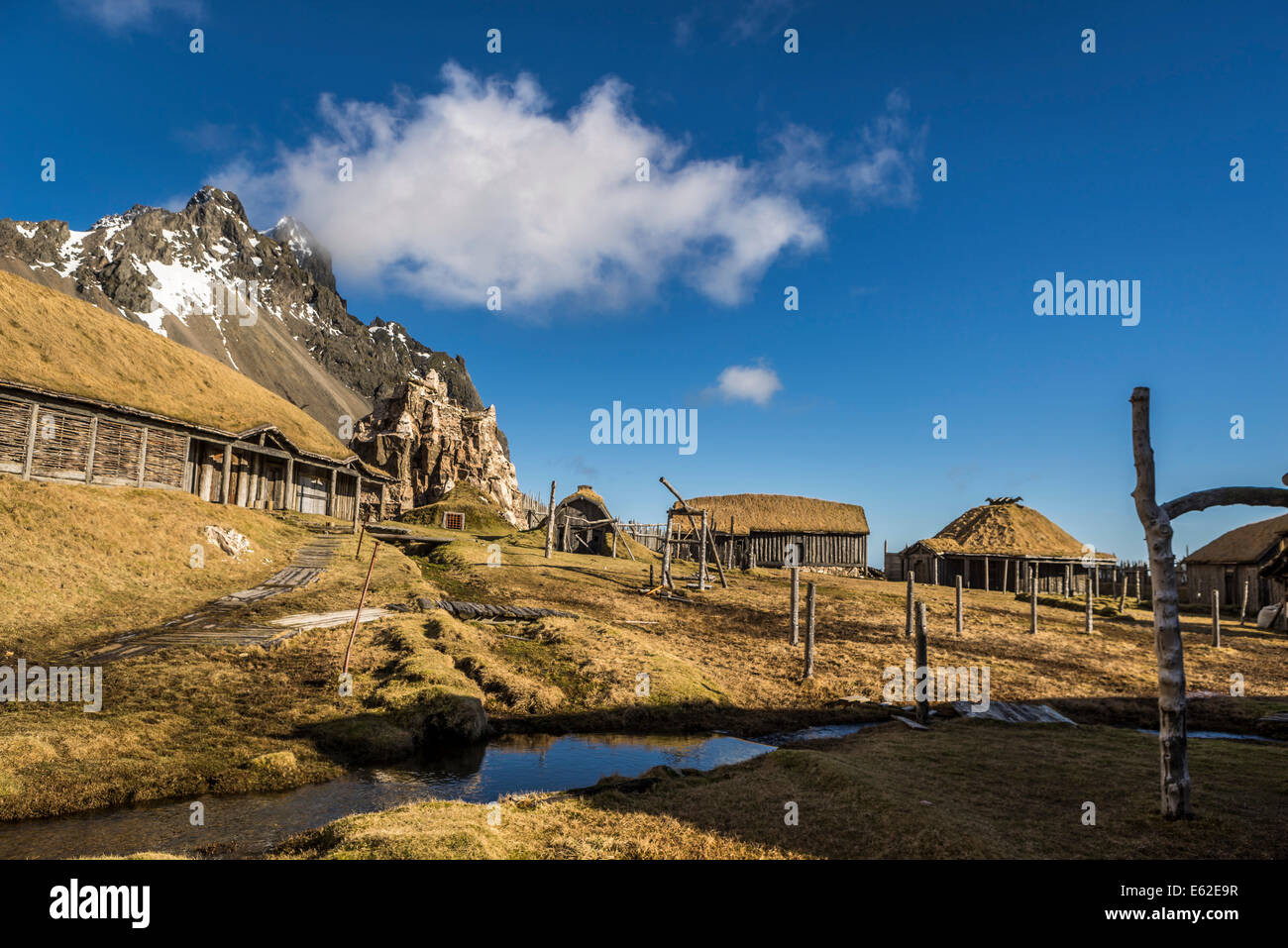 Viking era movie set, Stokksnes, Hornafjordur, Eastern Iceland Stock Photo