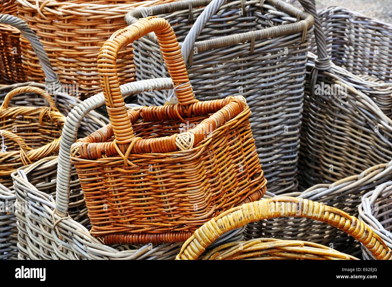 Traditional wicker baskets for sale outside a shop along the High